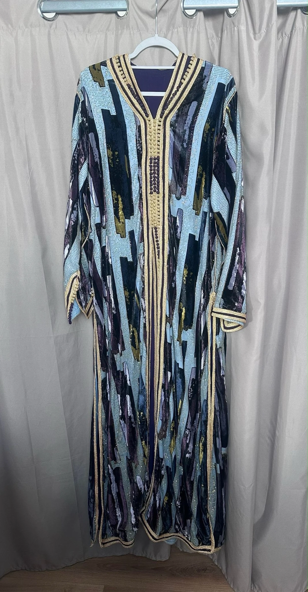 Caftan velour bleu mauve vert kaki pierre